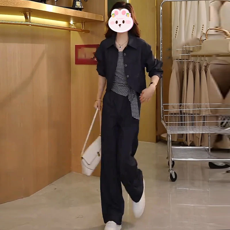 2025秋季韩系高级感时尚套装女休闲百搭衬衫格子吊带阔腿裤三件套