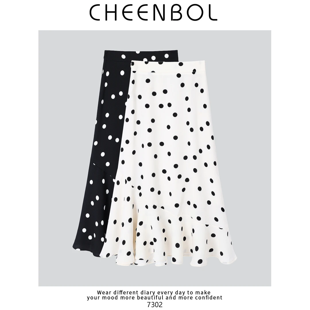 7302法式波点半身裙2025夏季新款女鱼尾a字优雅中长款垂感裙子
