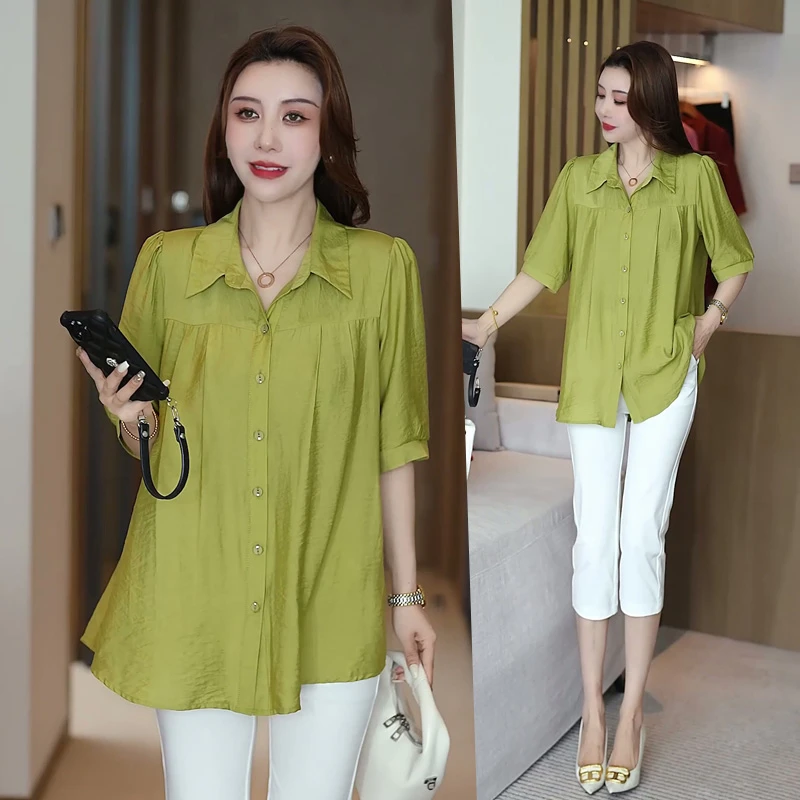 中长款短袖衬衫女2025夏季新款宽松大码上衣遮肉显瘦女士百搭衬衣