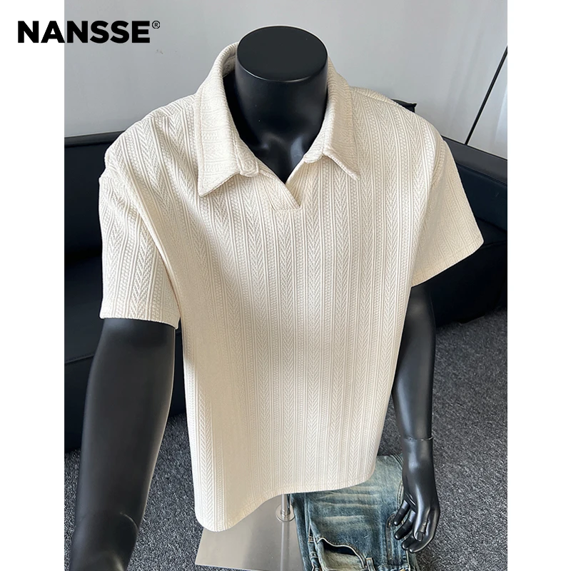 麦穗纹提花polo领重磅短袖T恤男夏季美式复古潮牌宽松五分半中袖