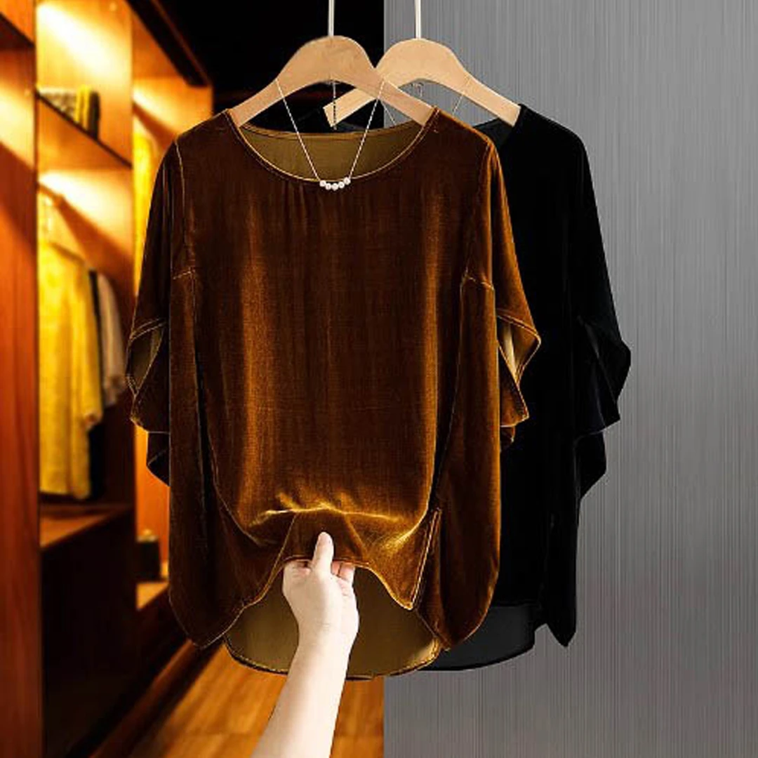 真丝丝绒上衣夏季新款显瘦宽松蝙蝠袖设计感衬衫