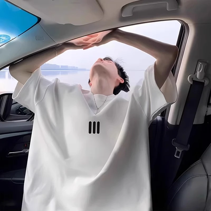 美式复古100%纯棉T恤男夏季小领口三条杠短袖oversize宽松五分袖