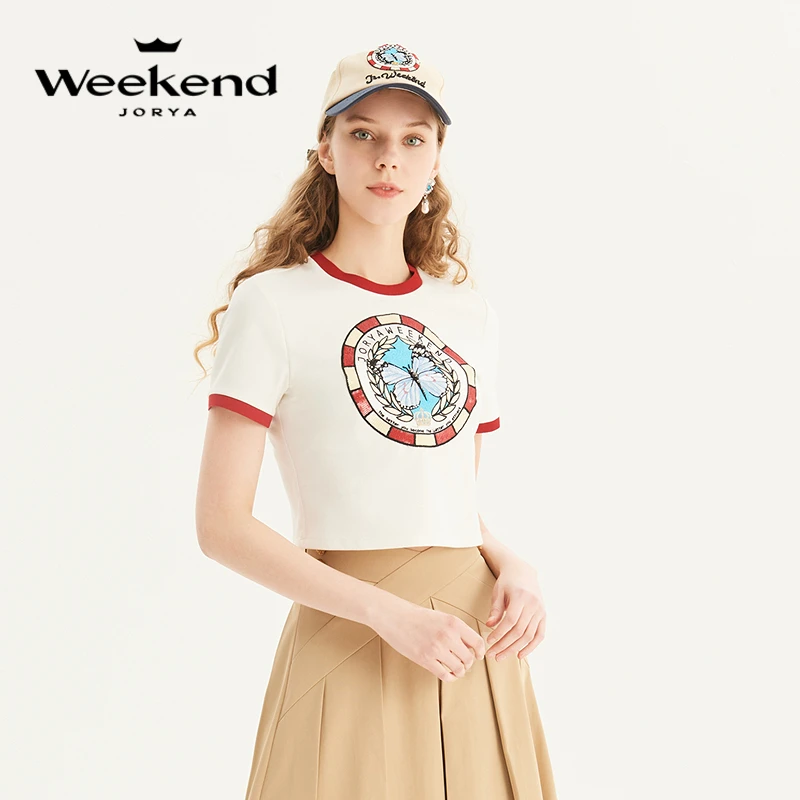 卓雅周末夏撞色绣花蝴蝶休闲圆领T恤上衣EJWDBQ25