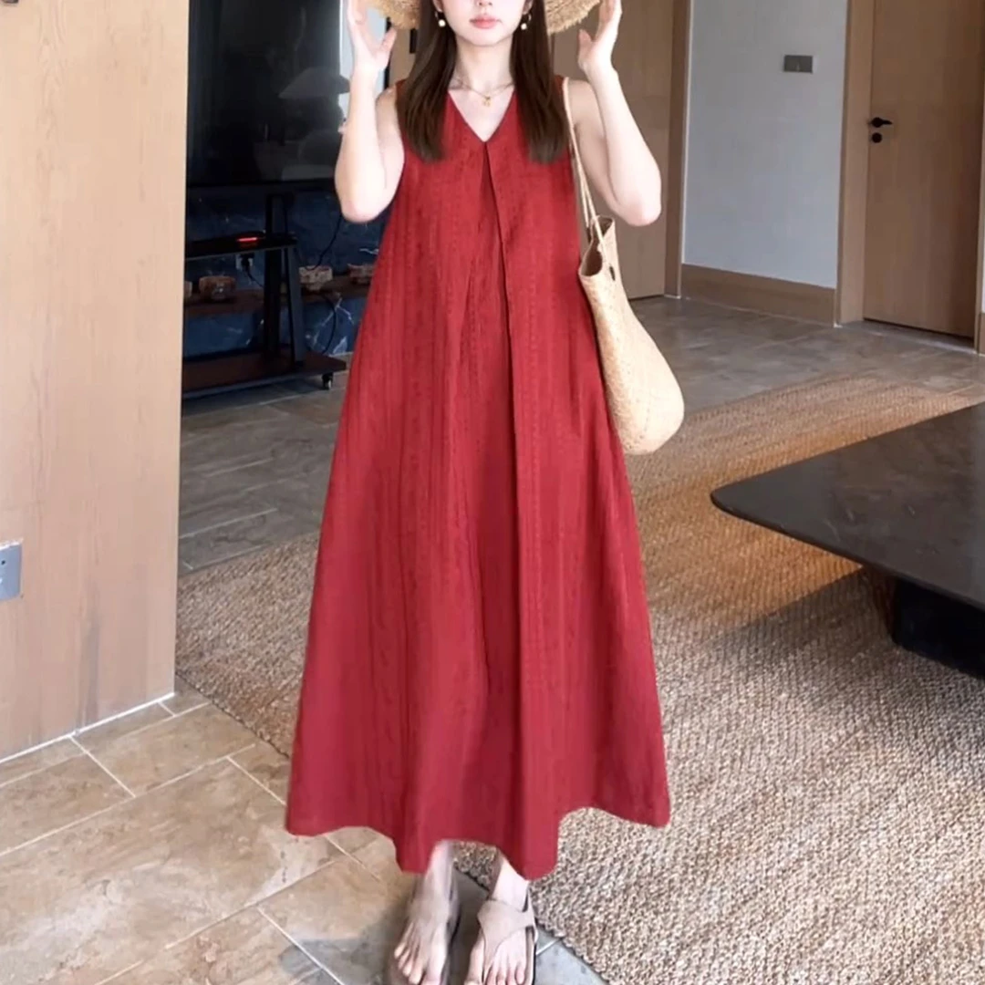 酒红色显白无袖连衣裙夏季韩系简约大码胖mm显瘦收腰时尚长裙子女
