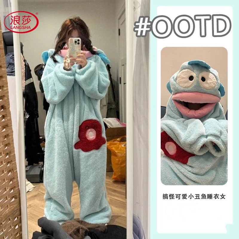 浪莎汉顿丑鱼可爱搞怪连体情侣睡衣男女沙雕秋冬加厚珊瑚绒家居服