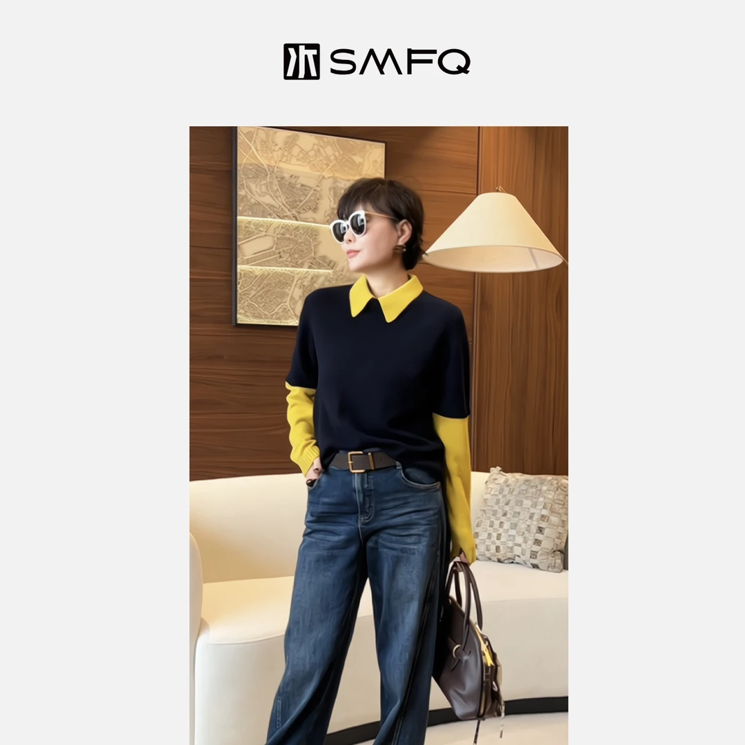 水木夫妻M1u风 羊毛100%假两件撞色拼接套头针织毛衣