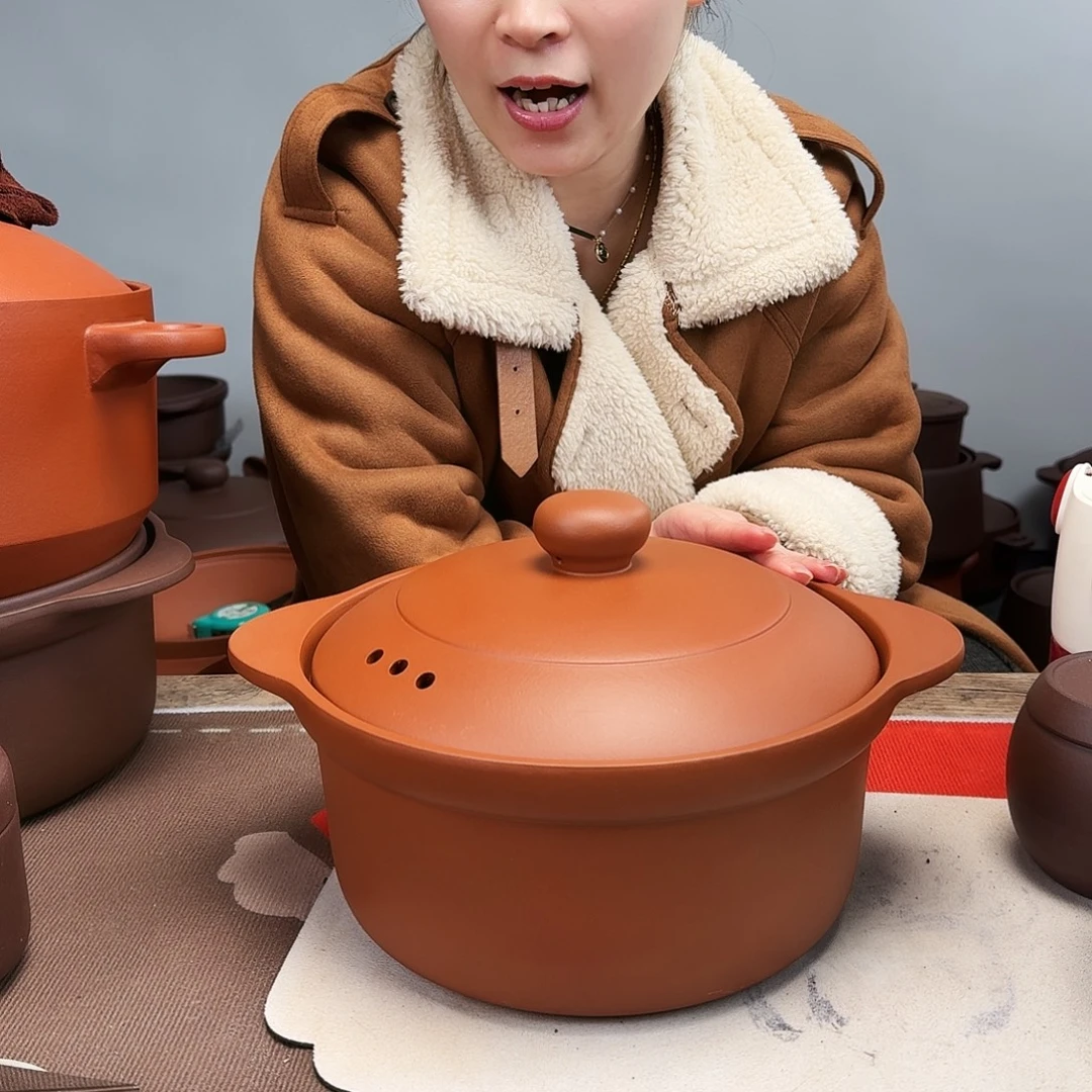 紫砂砂锅3升微微瑕红色平锅