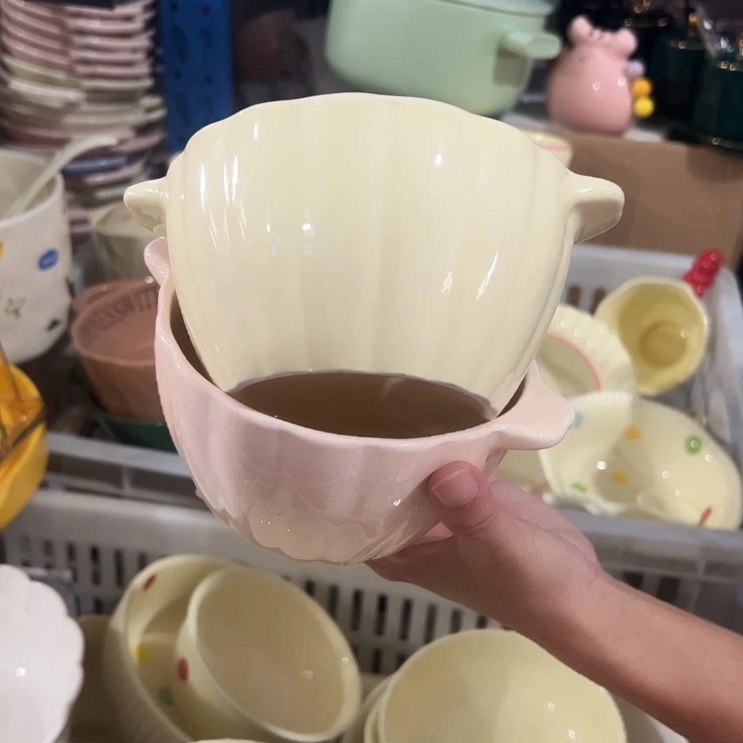 瓷片双耳碗粉色黄色