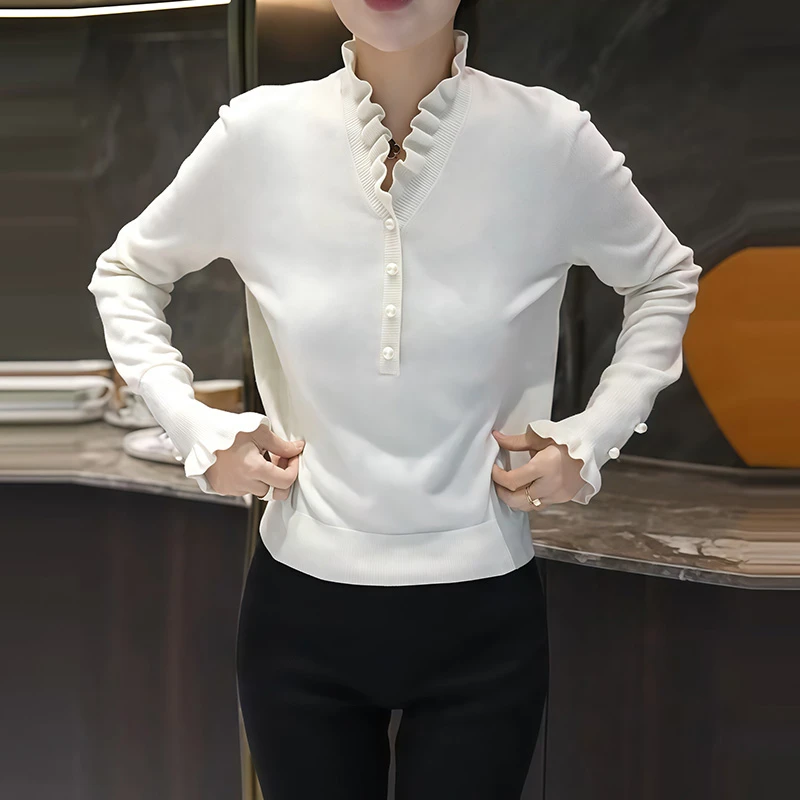 2026新款女装修身半高领纯色针织衫女春秋季时尚木耳套头长袖上衣