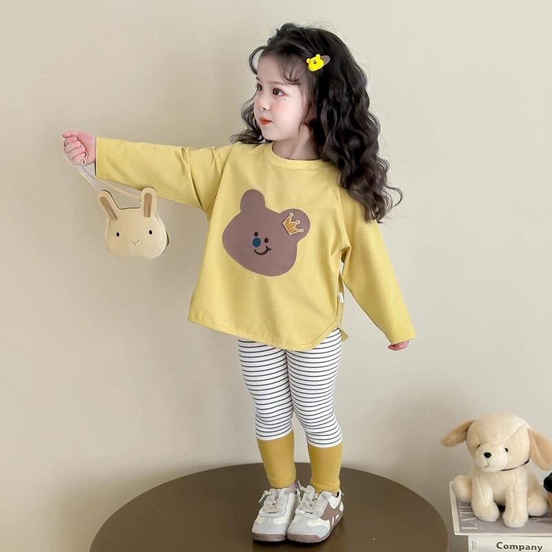 MK&UR.BV女小童春秋款卡通长袖恤两件套洋派2025新款女宝宝条纹