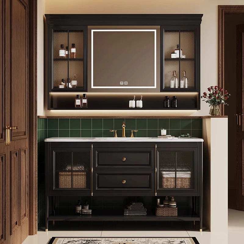 橡木落地式美式浴室柜组合卫生间洗漱台洗手盆柜法式复古卫浴定制