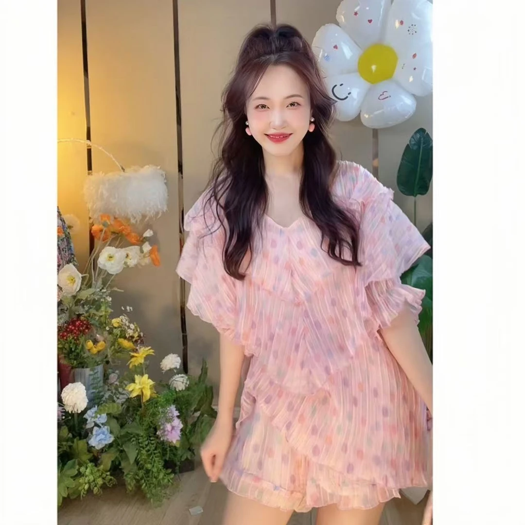 燃冉【蜜桃啵啵】夏季韩版甜美宽松时尚套装两件套减龄荷叶边套装