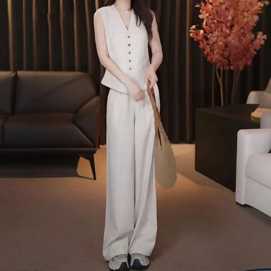 时尚套装夏季新款无袖西装马甲高腰阔腿