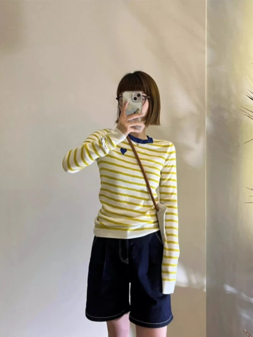 黄色条纹长袖针织打底衫女早秋季修身内搭设计感刺绣韩系chic上衣