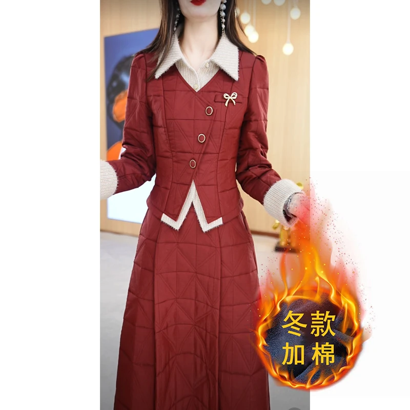 【两件套】冬季翻领简约收腰气质洋气中长款两件套裙M-4XL