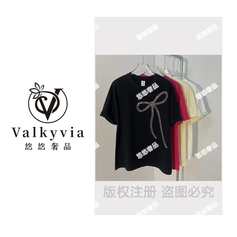 【Valkyvia/悠悠奢品】欧货工艺烫钻100纯棉短袖t恤女设计感半袖