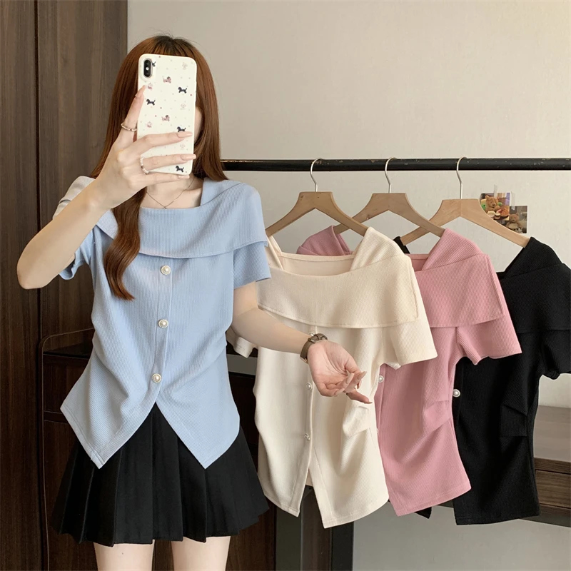 【又又】大码设计感欧若风不规则T恤遮肚子显瘦一字肩短袖上衣女