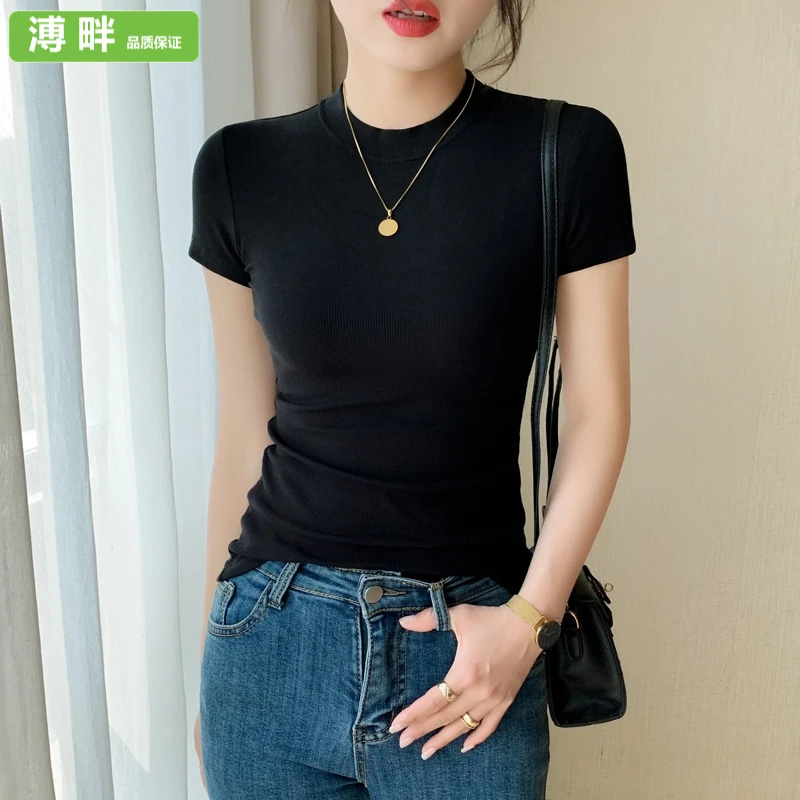溥畔韩系韩式螺纹半高领短袖T恤女夏季2025年新款紧身洋气中领上