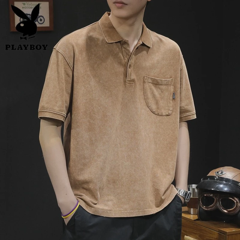 花花公子美式复古polo衫男重磅短袖t恤男士夏季大码潮牌2025新款