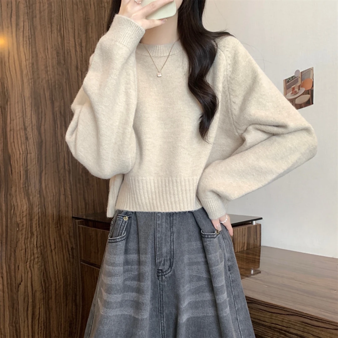 圆领软糯毛衣女春秋2025新款慵懒宽松显瘦套头长袖短款针织衫上衣
