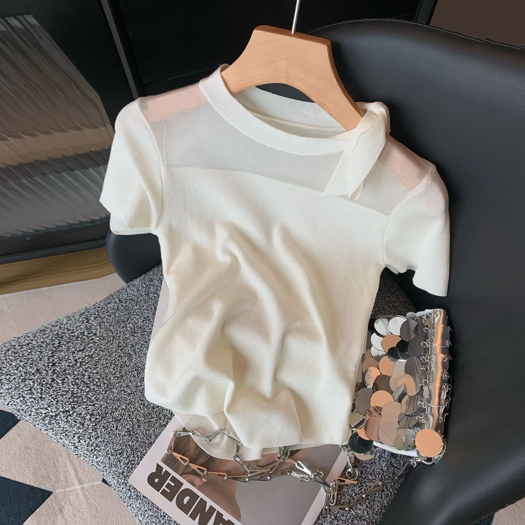 法式蝴蝶结系带针织短袖t恤女春夏季洋气小个子修身圆领套头上衣