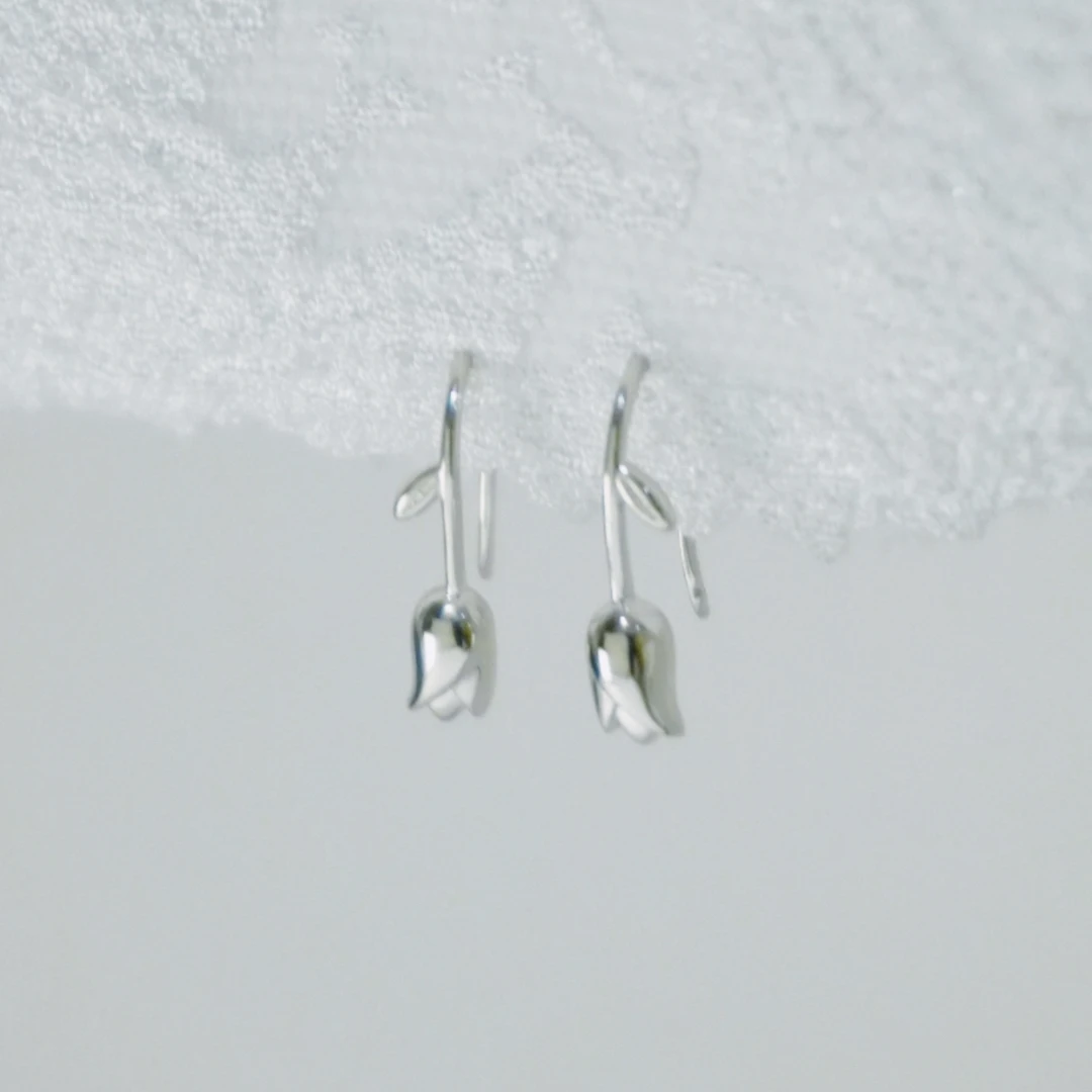 925银耳饰 纯银郁金香春天花朵养耳洞U型金银双色耳钩百搭耳环