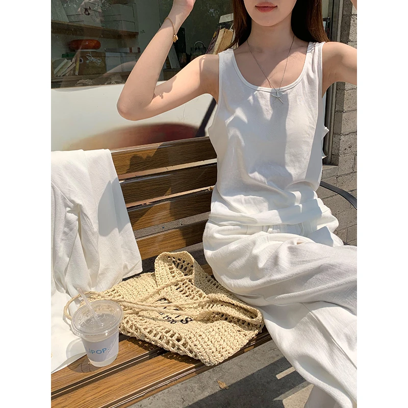 宋正恩白色微透工字型背心女夏季韩系宽松休闲简约百搭上衣ZE7281