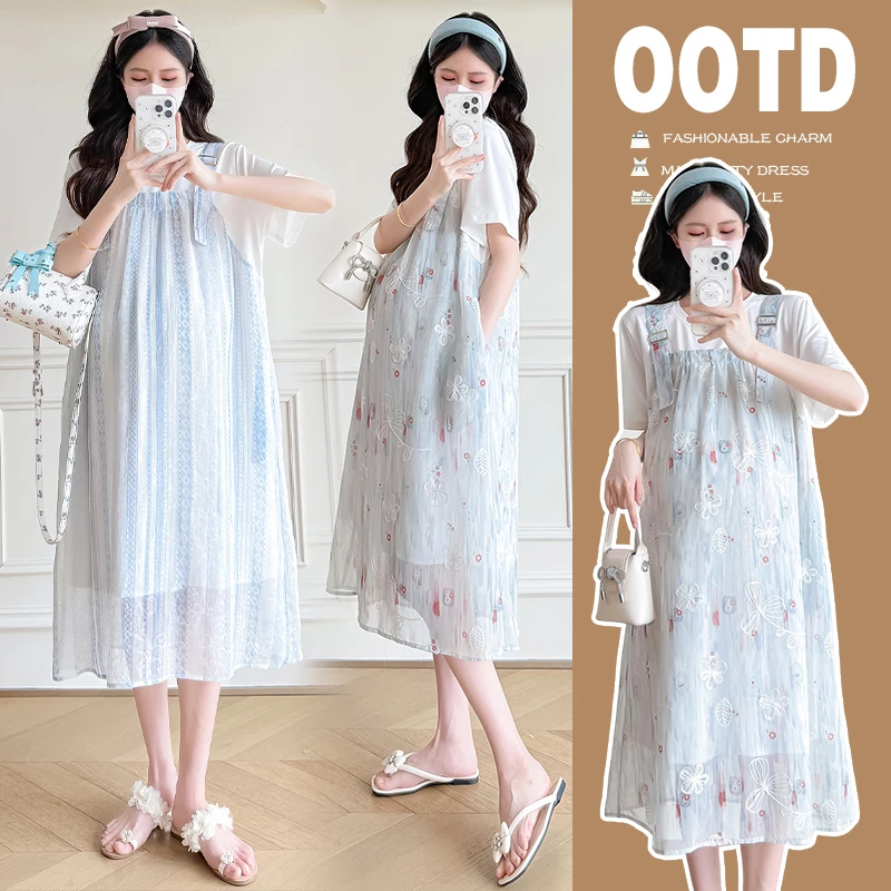 时髦孕妇装新款中长款时尚假两件大码圆领洋气显瘦气质短袖连衣裙