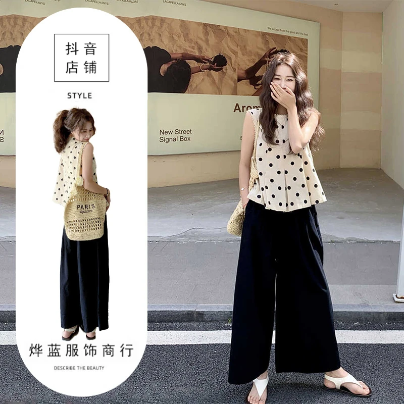 温柔系穿搭无袖波点娃娃衫上衣套装女夏新款黑色休闲阔腿裤两件套