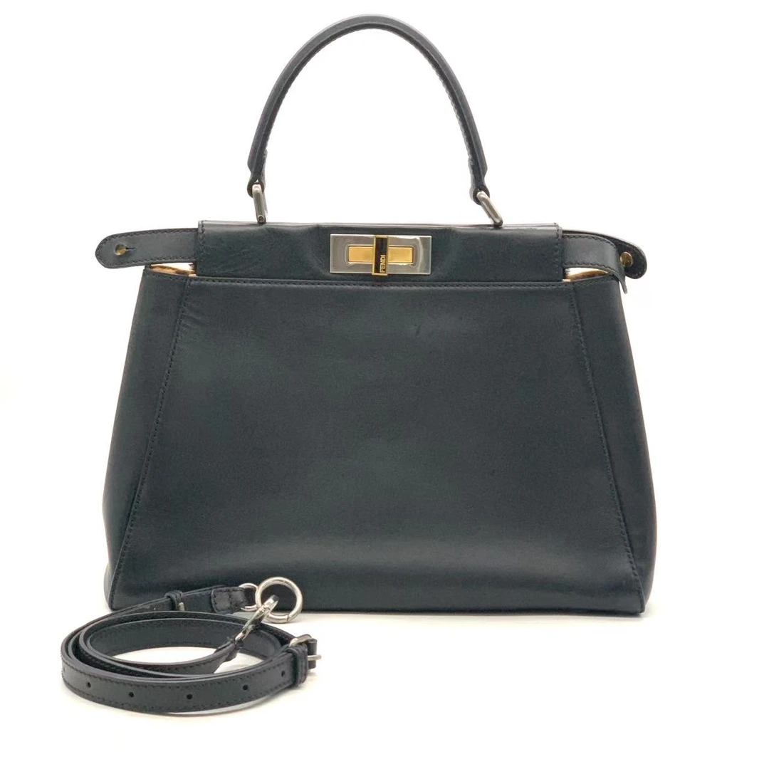 95新 FENDI/芬迪 黑色peekaboo手提托特包