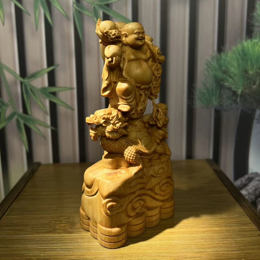 太行崖柏木弥勒踏龙龟背钱家居家用15公分装饰摆件