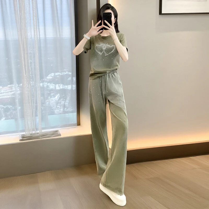 休闲短袖套装女两件套阔腿裤时尚休闲夏季显瘦气质运动高腰薄款