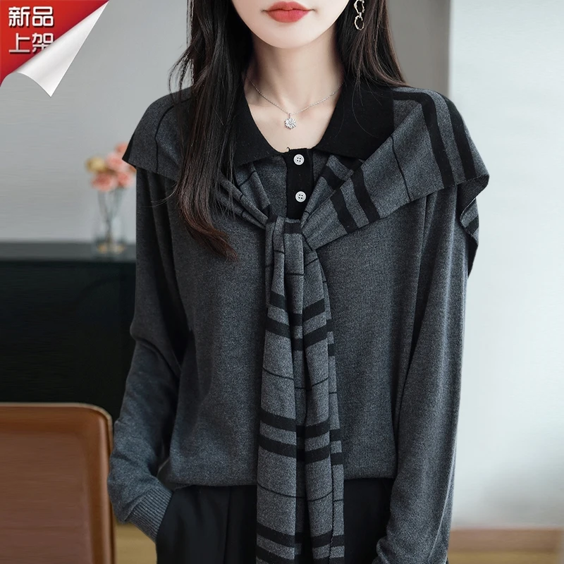 哥弟阿玛施正品早秋新款洋气搭肩长袖针织衫时尚百搭女士羊毛衫