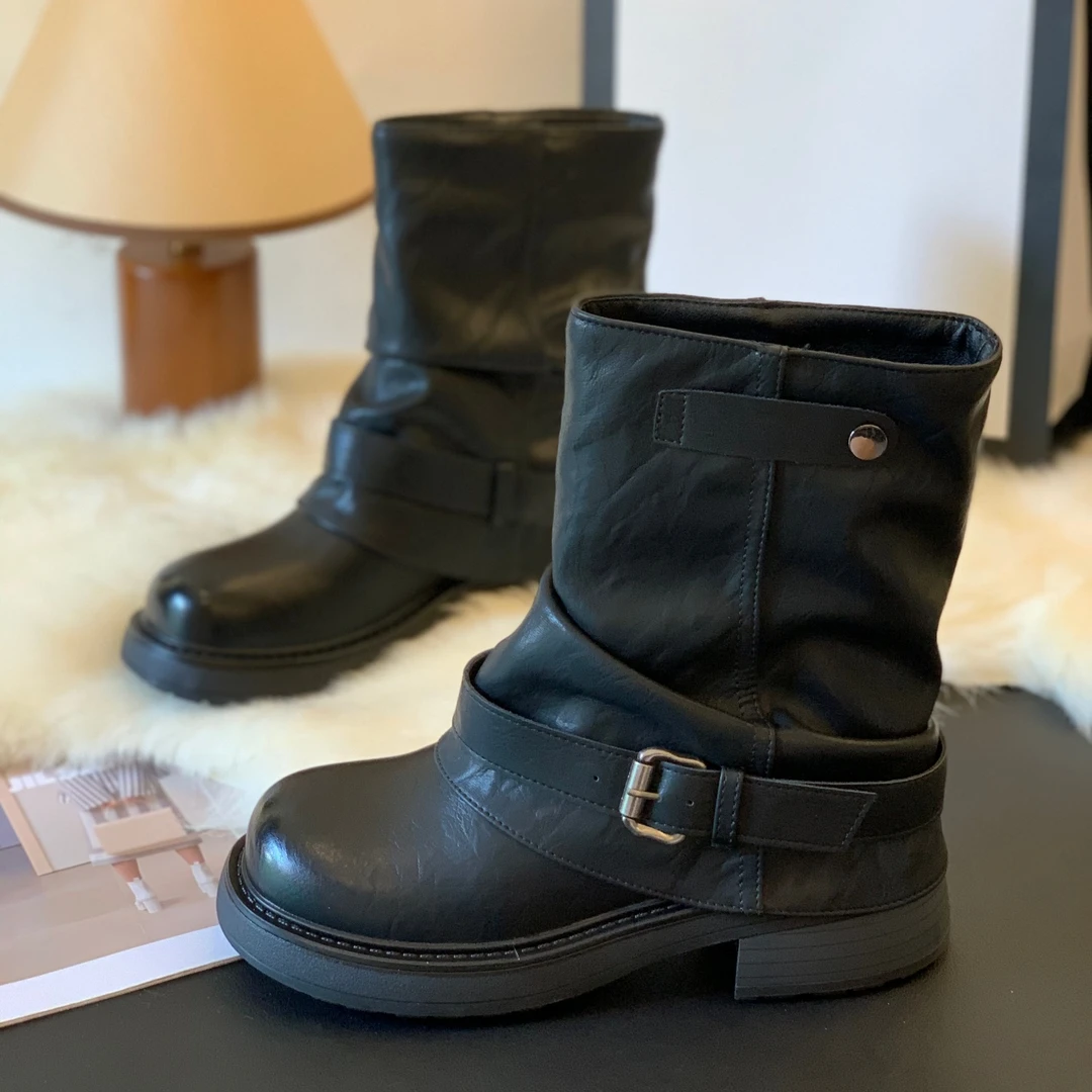 英伦风厚底粗跟皮带扣潮酷百搭堆堆靴2025秋季爆款时尚显瘦时装靴