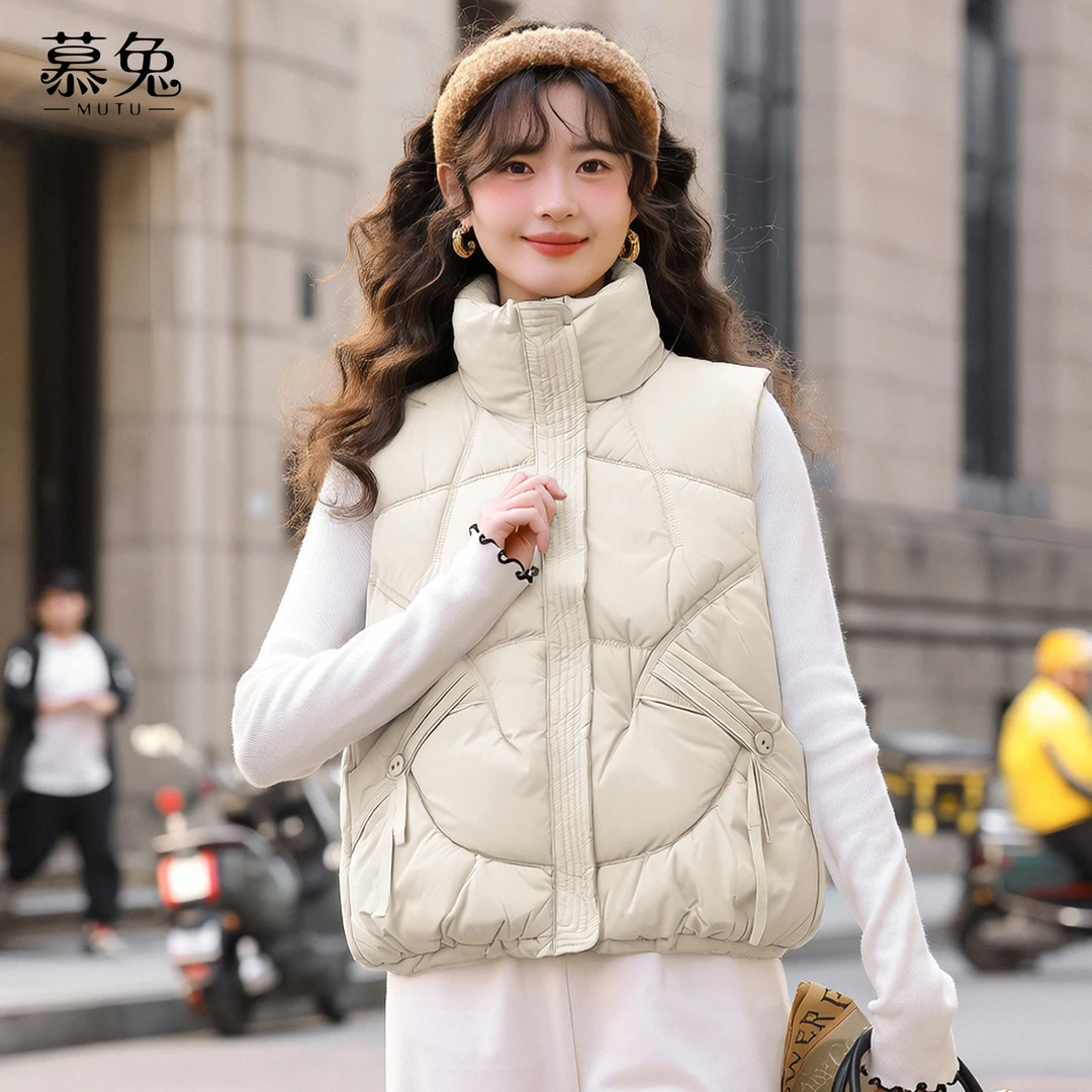 慕兔韩系立领棉服马甲女2025冬季新款小个子加厚坎肩无袖背心上衣