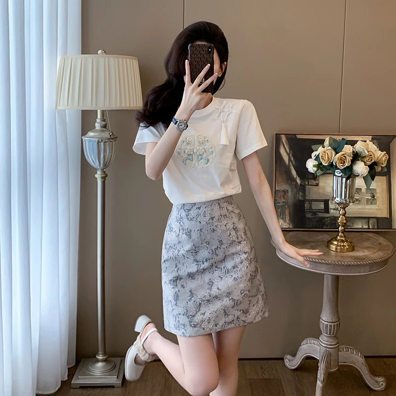 2025夏季爆款国风套装新中式半身裙文艺短袖气质感品质时尚两件套