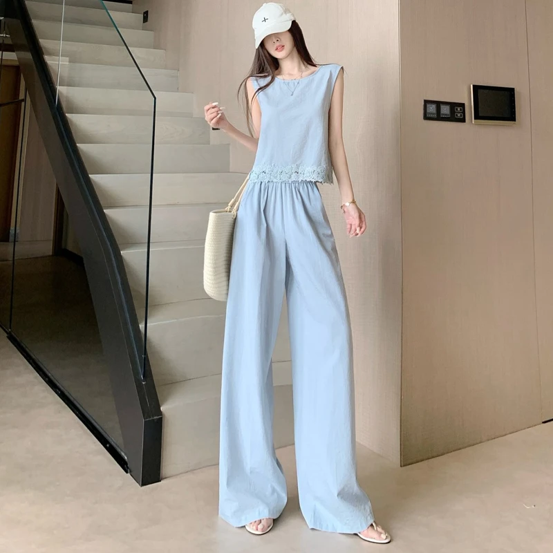 韩版气质显瘦休闲时尚套装女花边拼接无袖上衣松紧腰阔腿裤两件套