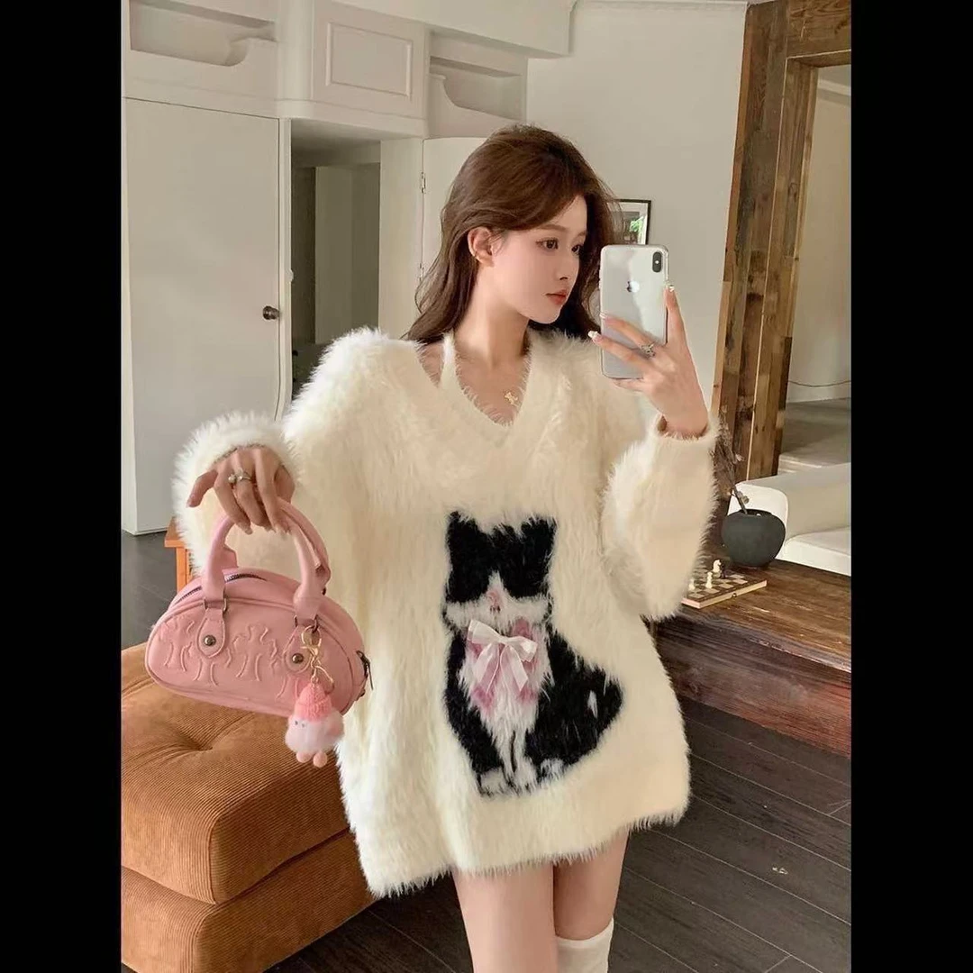 猫猫小衣服v领慵懒风大毛衣女秋冬蝴蝶结仿貂针织上衣软糯两件套