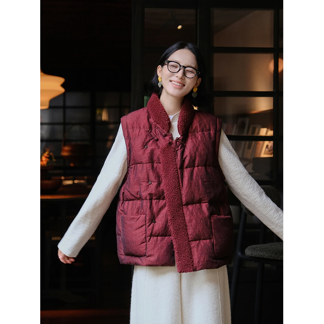 麻霖亚麻棉色织拼接羊羔毛95白鸭绒立领新中式斜襟羽绒马甲