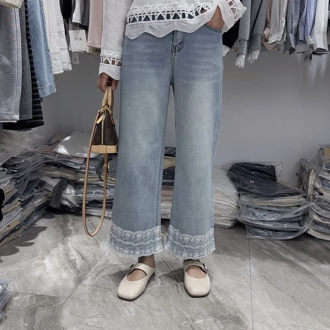 裤脚拼接蕾丝时尚极牛仔裤复古直筒裤女装2025春季新款阔腿显瘦潮