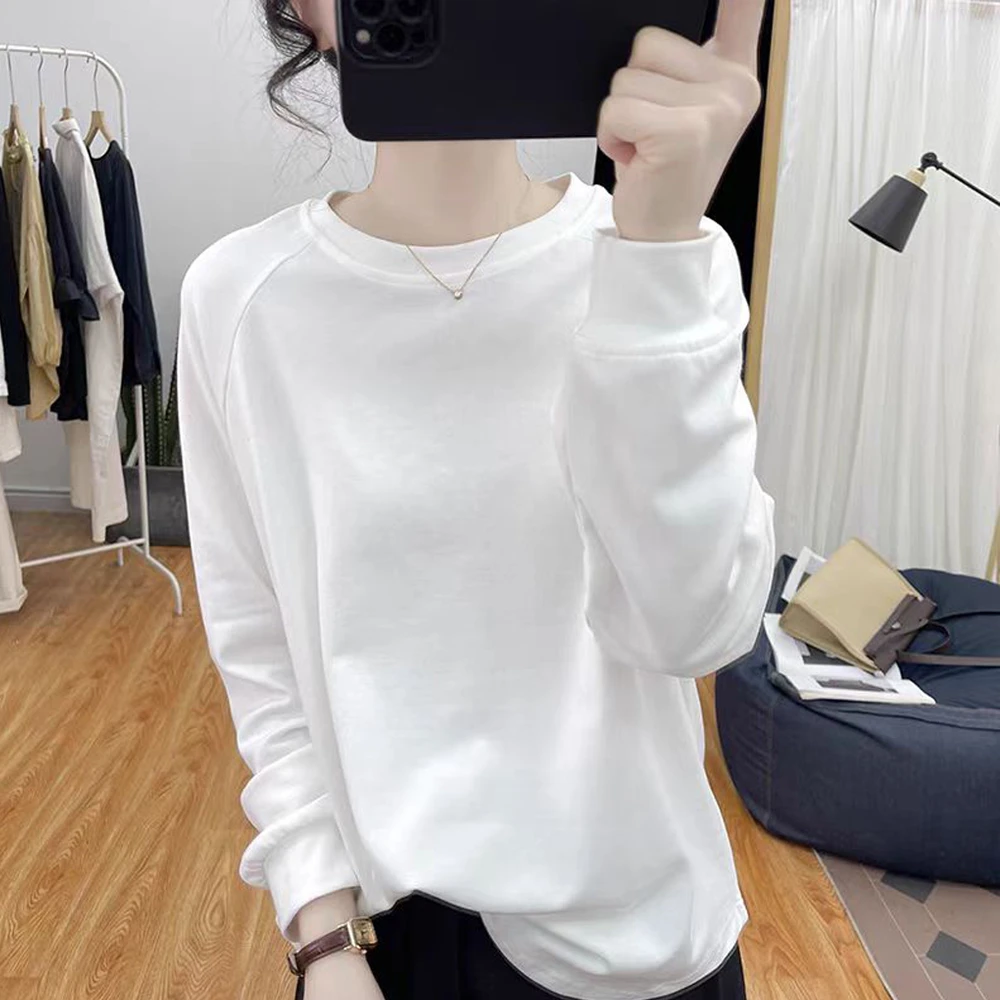 白色插肩袖棉质圆领T恤女秋季新款宽松休闲基础款长袖打底衫上衣