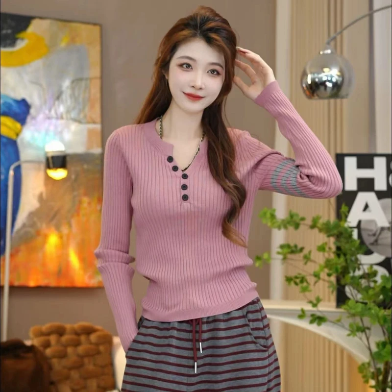 笑歌【三条杠撞色针织打底衫】新款百搭针织打底衫