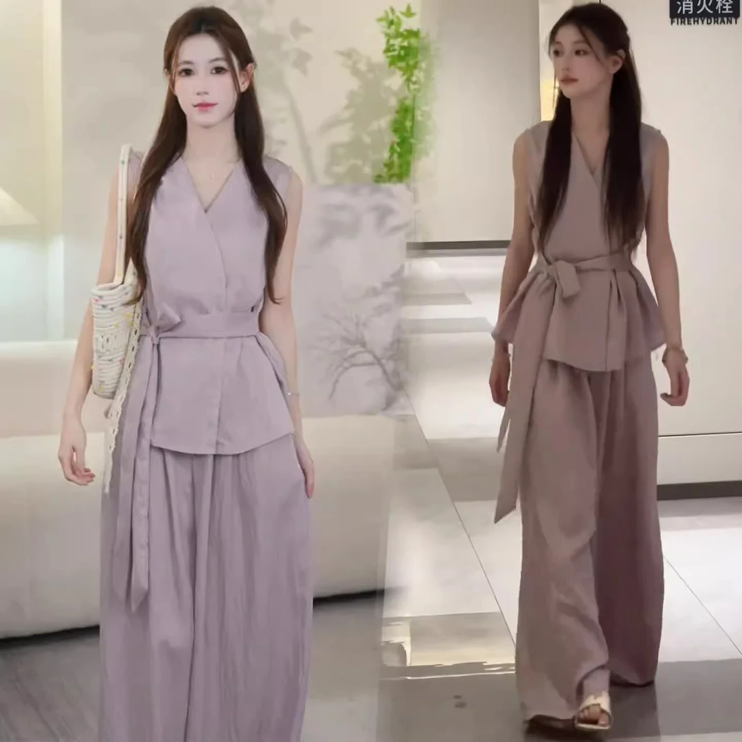 时尚套装女夏季新款洋气质减龄显瘦V领绑带无袖上衣阔腿裤两件套