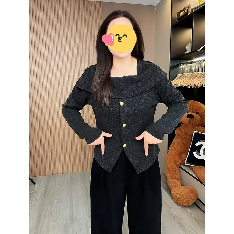 法式复古方领不规则针织衫女2025秋新款时尚设计感一字肩内搭上衣