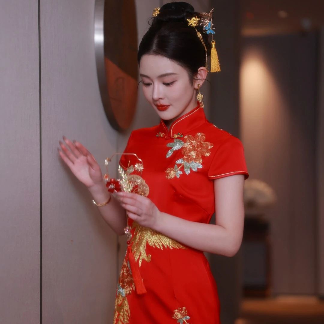 国潮优雅结婚气质中国风大码宴会婚礼中长款复古显瘦长款旗袍显瘦