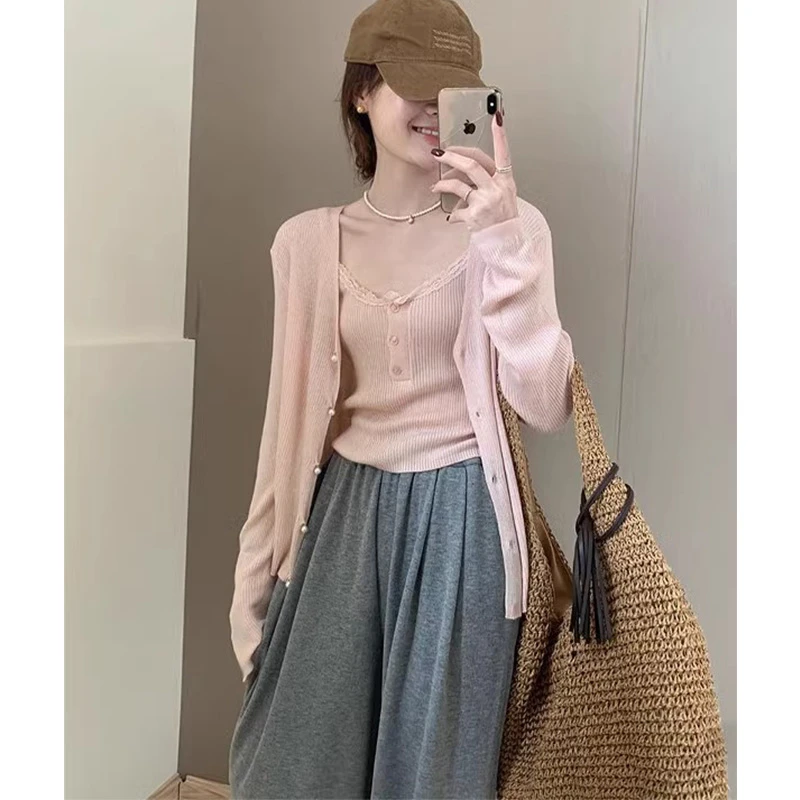 粉色针织衫吊带开衫两件套女2025春秋新款甜美风显瘦显白软糯上衣