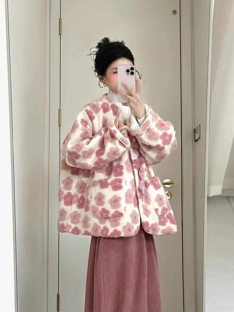 冬装一整套韩系氛围感穿搭小香风粉色毛绒外套阔腿休闲裤两件套女