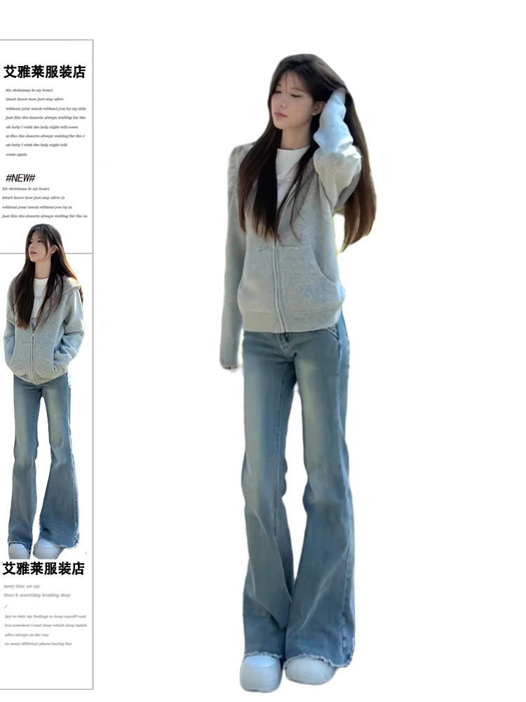 美式辣妹水洗微喇叭阔腿牛仔裤女2025春季新款宽松显瘦直筒拖地裤