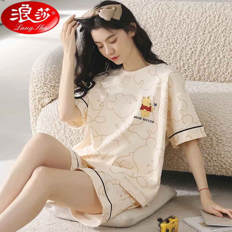 浪莎夏季睡衣女士短袖短裤少女圆领卡通可爱家居服2025新款宽松套