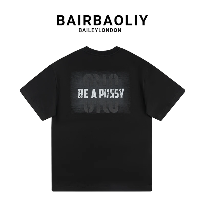 BAIRBAOLIY字母圆领短袖国潮简约字母T恤潮流春夏复古印花半袖衫